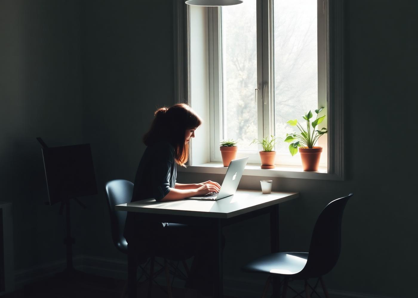 A person working at a small table beside a window